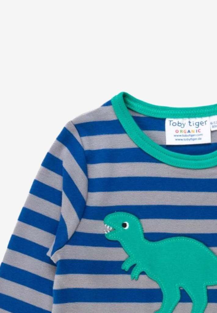 Luxury organic cotton long sleeve kids t-shirt with embroidered T-Rex applique, premium soft fabric, snap neck for easy dressing by Toby Tiger at brixbailey.com