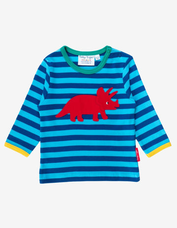 Premium organic cotton long sleeve shirt with embroidered triceratops, stylish stripes, colorful trim, snap neck, soft GOTS certified fabric by Toby Tiger at brixbailey.com