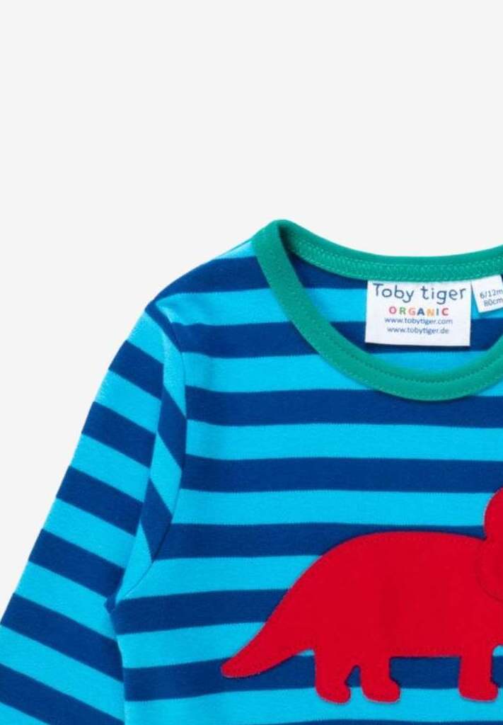 Premium organic cotton long sleeve shirt with embroidered Triceratops applique, stylish stripes, snap buttons, soft GOTS certified fabric by Toby Tiger at brixbailey.com