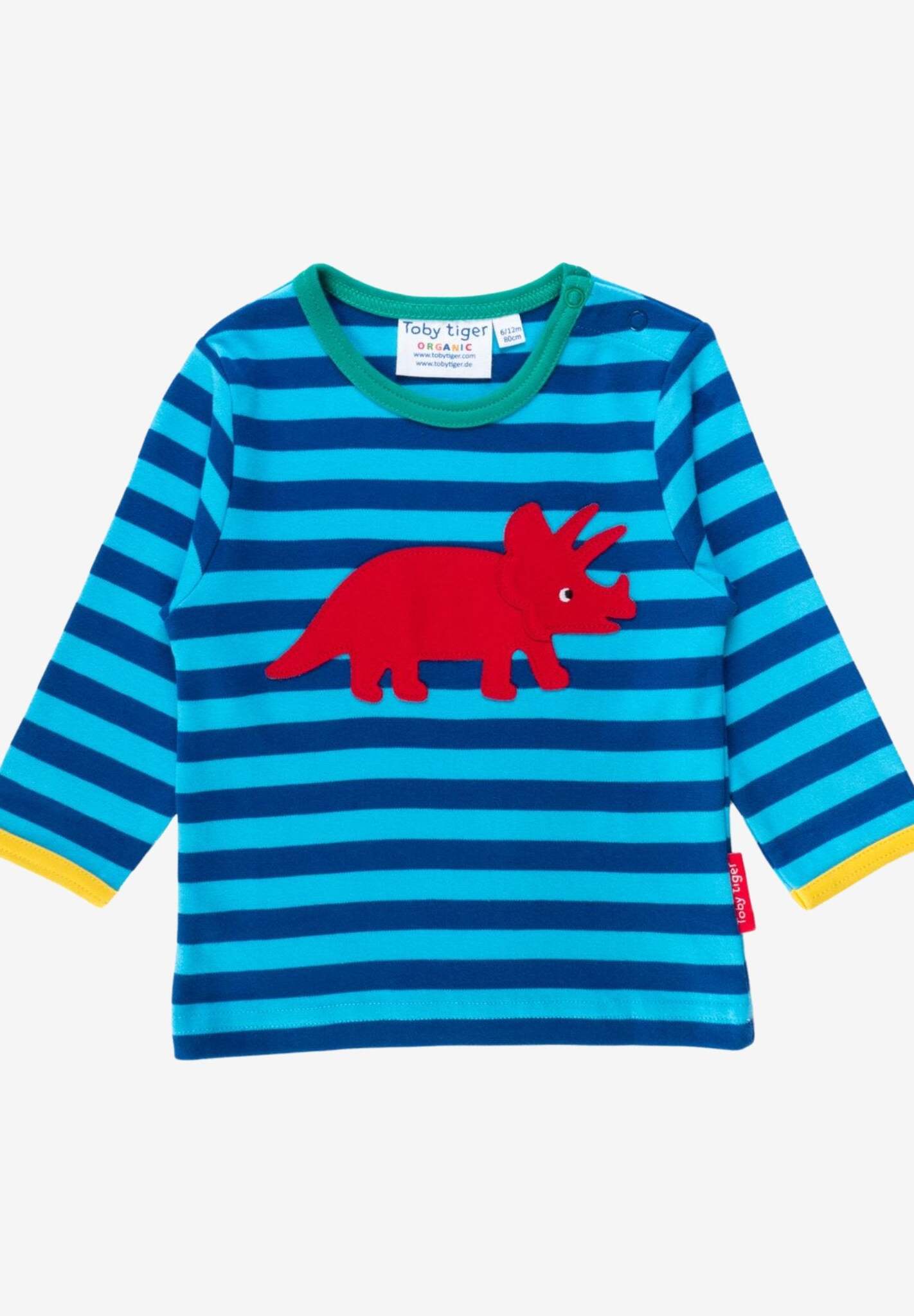 Premium organic cotton long sleeve shirt with embroidered triceratops applique, stylish stripes, snap neck, soft GOTS certified fabric by Toby Tiger at brixbailey.com