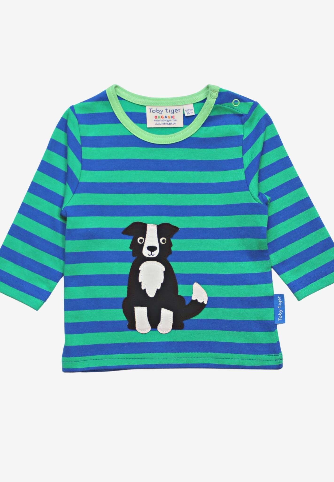 Organic Kids Long Sleeve T-Shirt with Cute Shepherd Dog Applique, Soft GOTS Certified Cotton, Eco-Friendly Striped Design by Toby Tiger at brixbailey.com