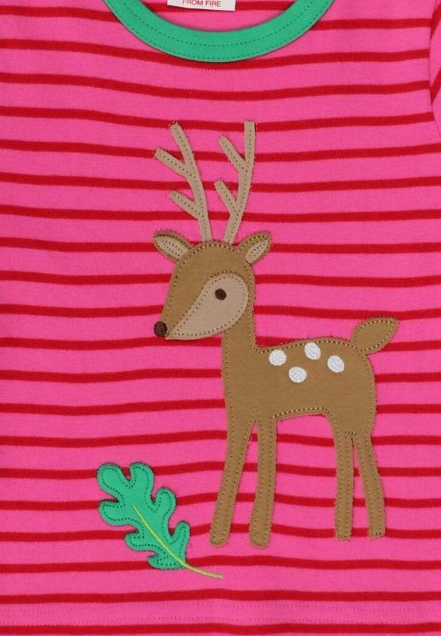 Sweet Deer Fawn with Oak Leaf and Mushroom Print Long Sleeve Organic Cotton Baby Shirt in Pink and Green Stripes by Toby Tiger at brixbailey.com