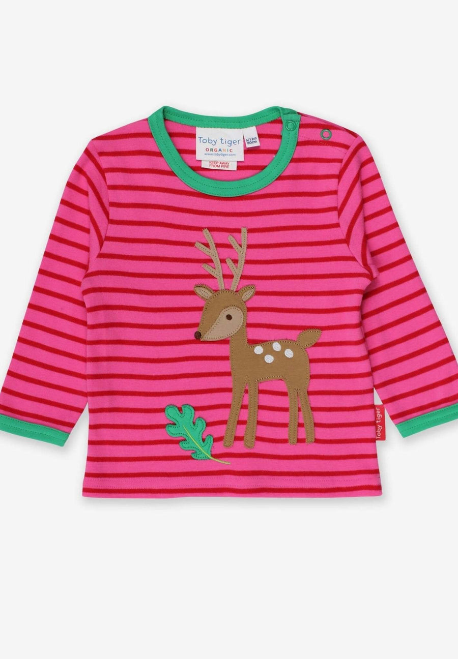 Sweet Deer Fawn with Oak Leaf and Mushroom Print Long Sleeve Baby Shirt in Soft Organic Cotton, Pink and Green Stripes by Toby Tiger at brixbailey.com