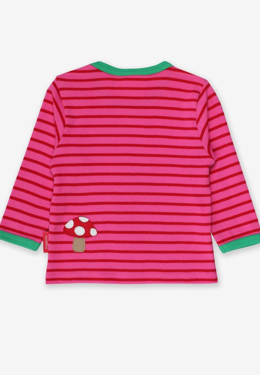 Sweet Deer Fawn with Oak Leaf and Mushroom Print Organic Cotton Long Sleeve Baby Shirt in Pink and Green Stripes by Toby Tiger at brixbailey.com