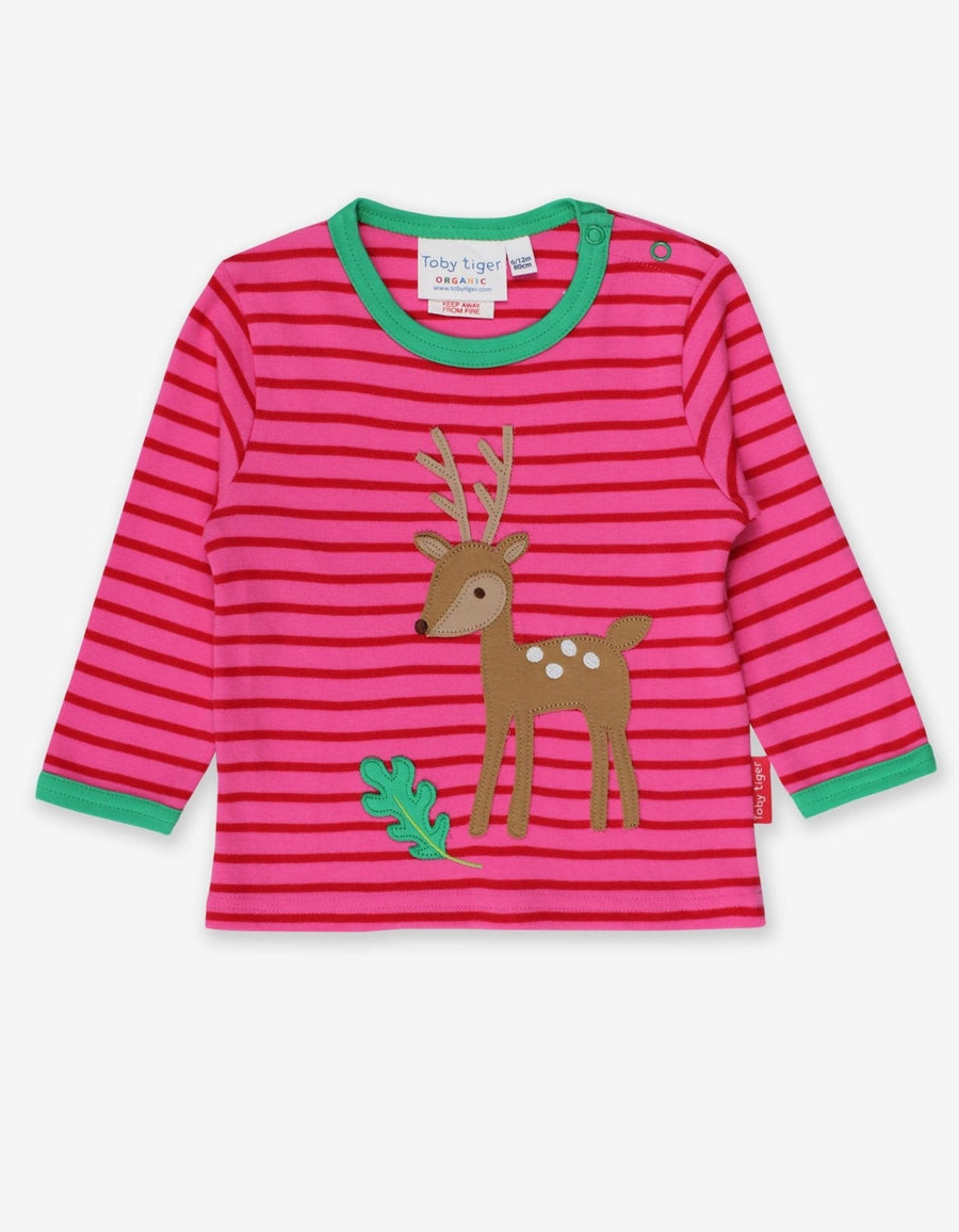 Sweet Deer Fawn with Oak Leaf and Mushroom Print Organic Cotton Long-Sleeve Baby Shirt in Pink and Green Stripes by Toby Tiger at brixbailey.com