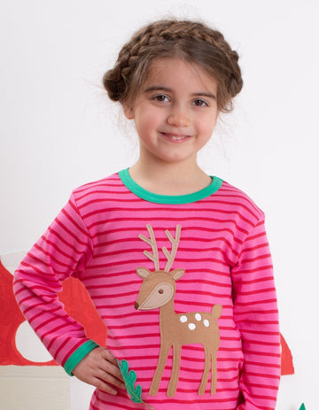 Sweet Deer Fawn with Oak Leaf and Mushroom Print Long Sleeve Baby Shirt in Soft Organic Cotton, Pink and Green Striped, Snap Button Neck by Toby Tiger at brixbailey.com