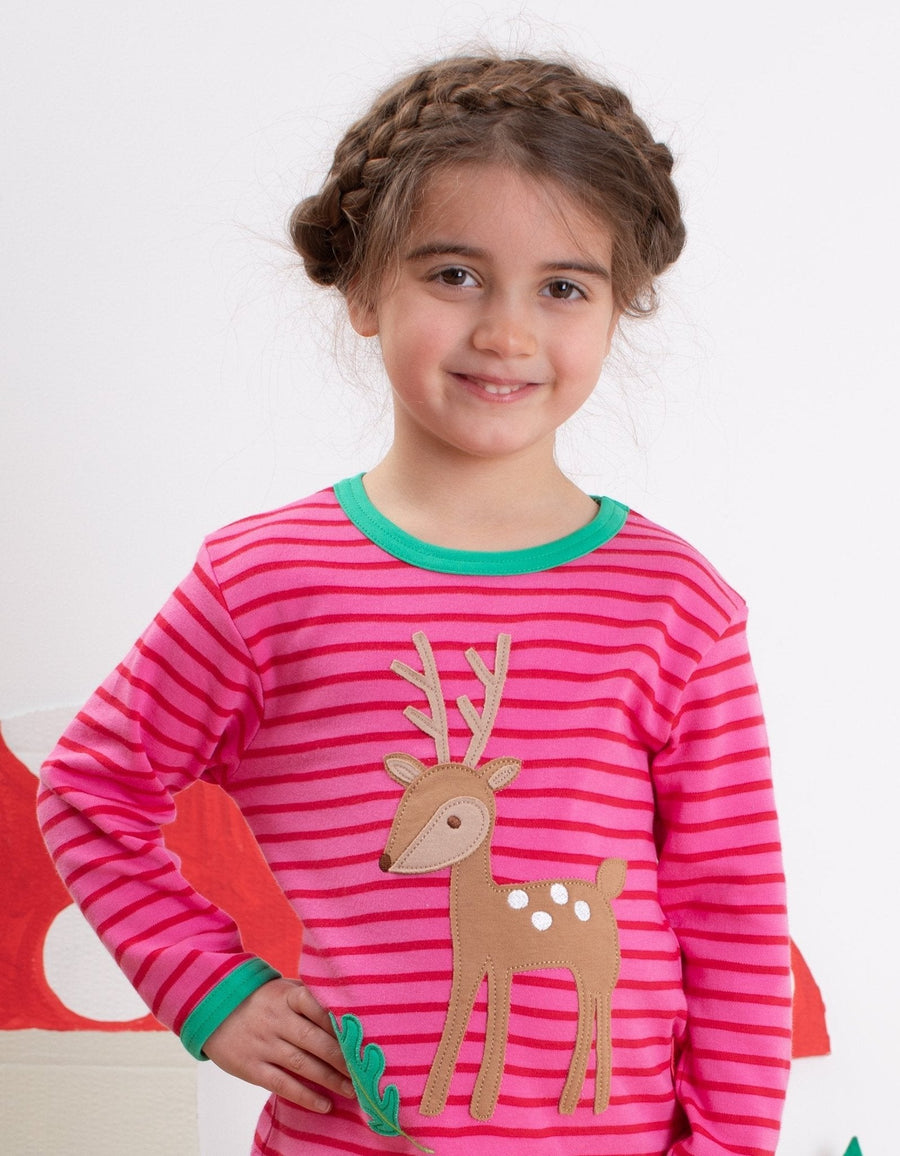 Sweet Deer Fawn with Oak Leaf and Mushroom Print Long Sleeve Baby Shirt in Soft Organic Cotton, Pink and Green Striped, Snap Button Neck by Toby Tiger at brixbailey.com