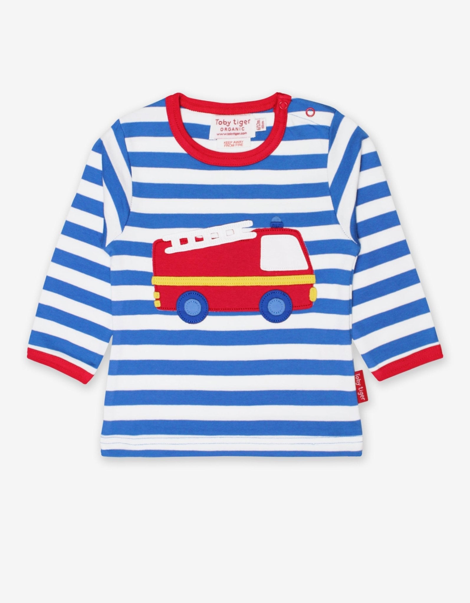 Premium baby long sleeve shirt with fire truck applique, blue and white striped, red trim, snap buttons for easy dressing by Toby Tiger at brixbailey.com
