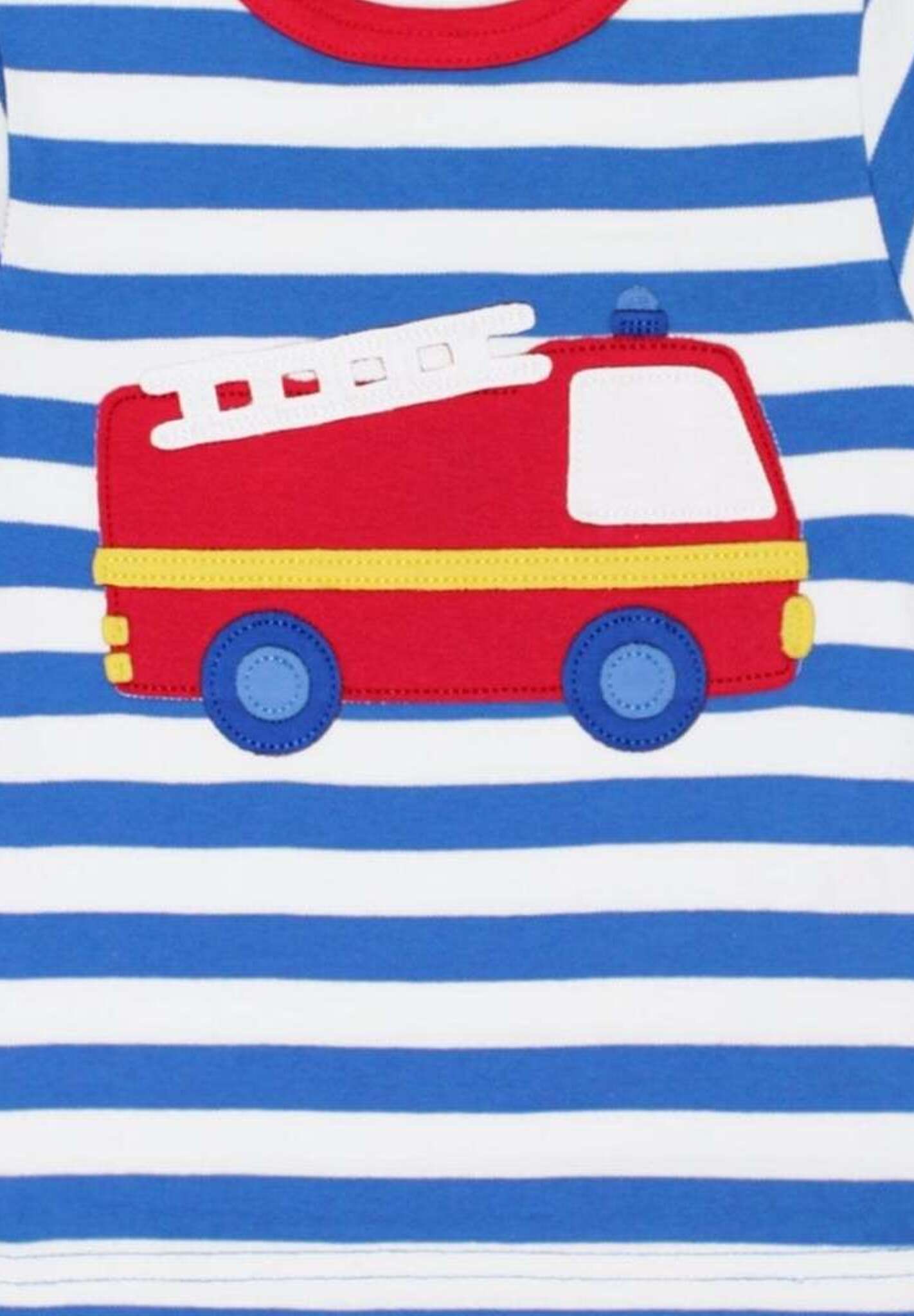 Premium baby long sleeve shirt with fire truck applique, blue and white stripes, red trim, snap buttons for easy dressing by Toby Tiger at brixbailey.com