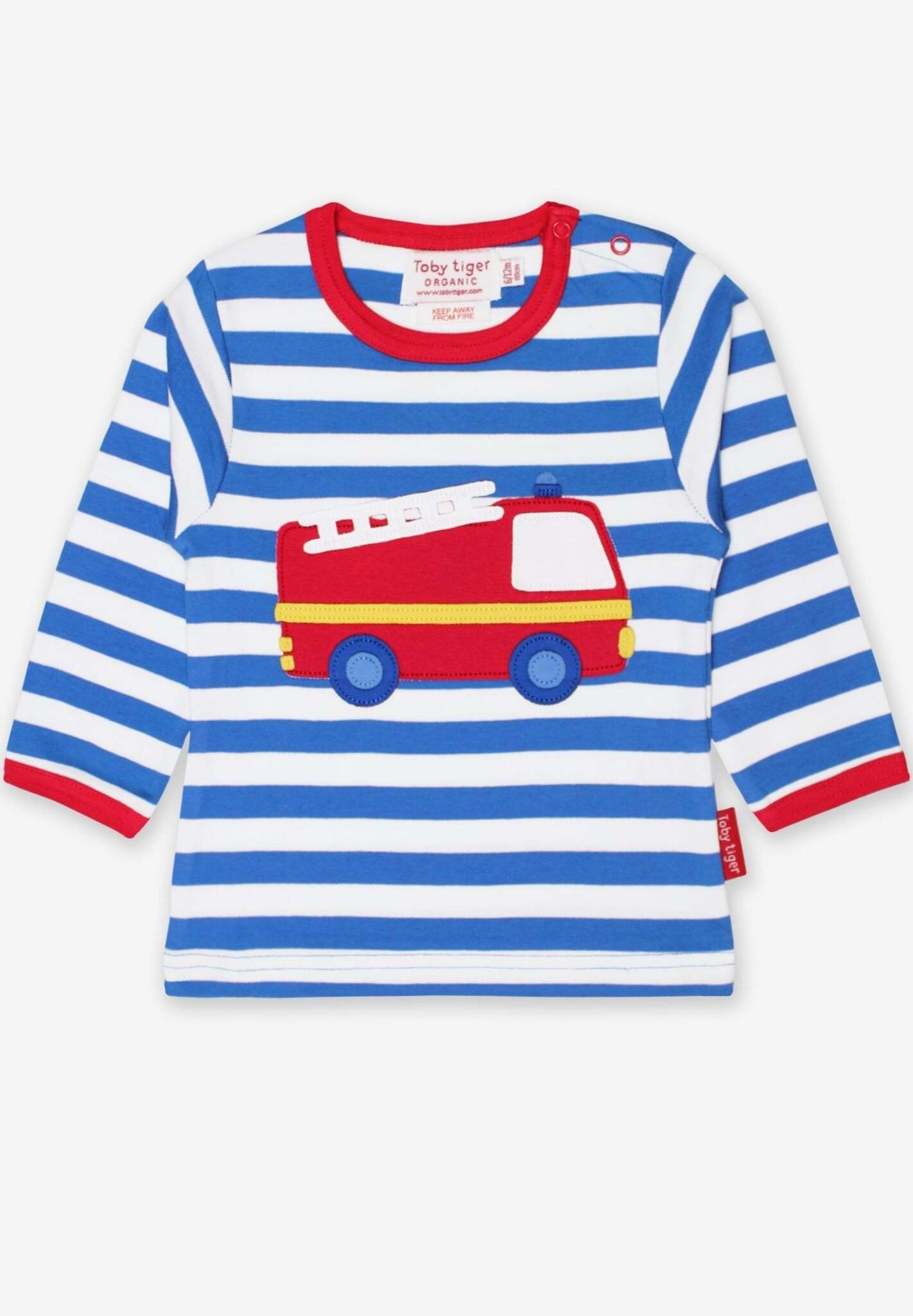 Premium baby long sleeve shirt with fire truck applique, blue and white stripes, red trim, snap buttons for easy dressing, organic cotton by Toby Tiger at brixbailey.com