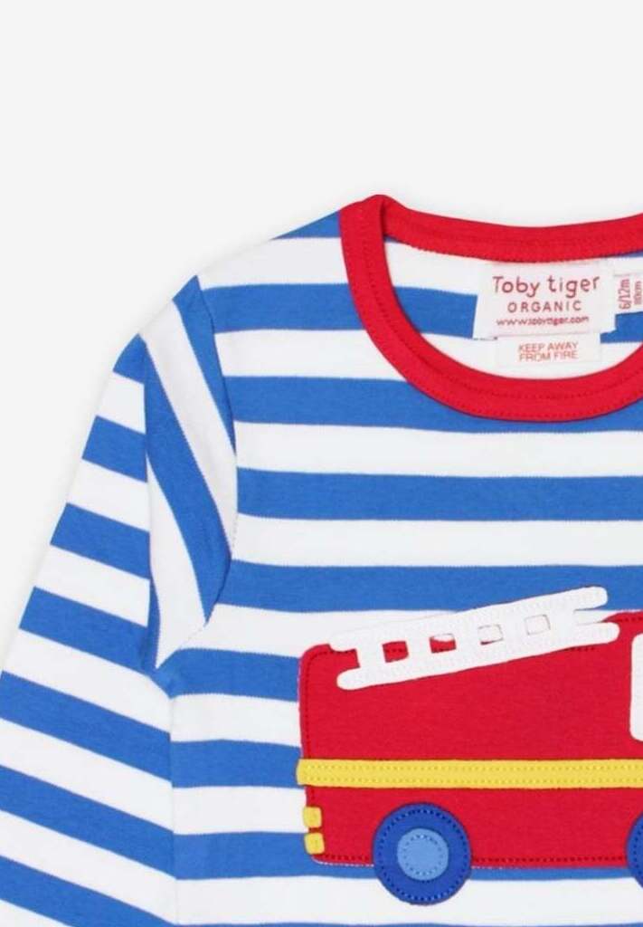 Premium baby long sleeve shirt with fire truck applique, blue and white stripes, red trim, snap buttons for easy dressing, organic cotton by Toby Tiger at brixbailey.com