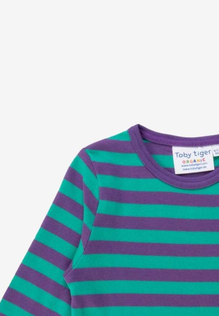 Premium organic cotton long sleeve kids shirt with hedgehog embroidery, soft GOTS certified fabric, stylish green and purple stripes by Toby Tiger at brixbailey.com