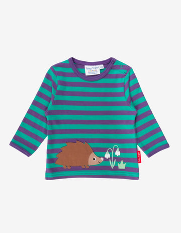 Premium organic cotton long sleeve kids shirt with embroidered hedgehog applique, soft eco-friendly stripes, snap neck buttons by Toby Tiger at brixbailey.com