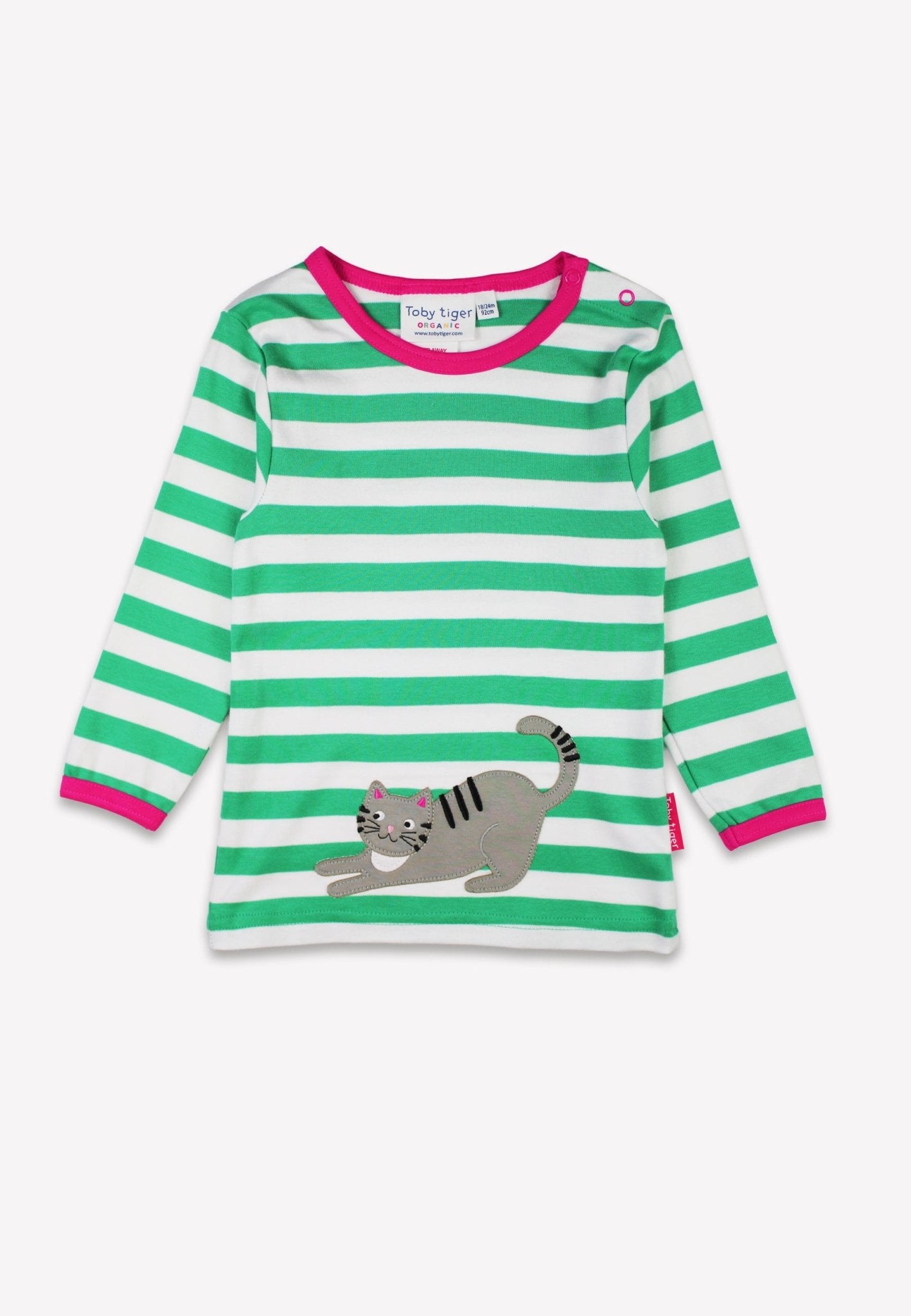 Adorable Green and White Striped Organic Cotton Long Sleeve Kids Shirt with Playful Cat and Mouse Applique by Toby Tiger at brixbailey.com