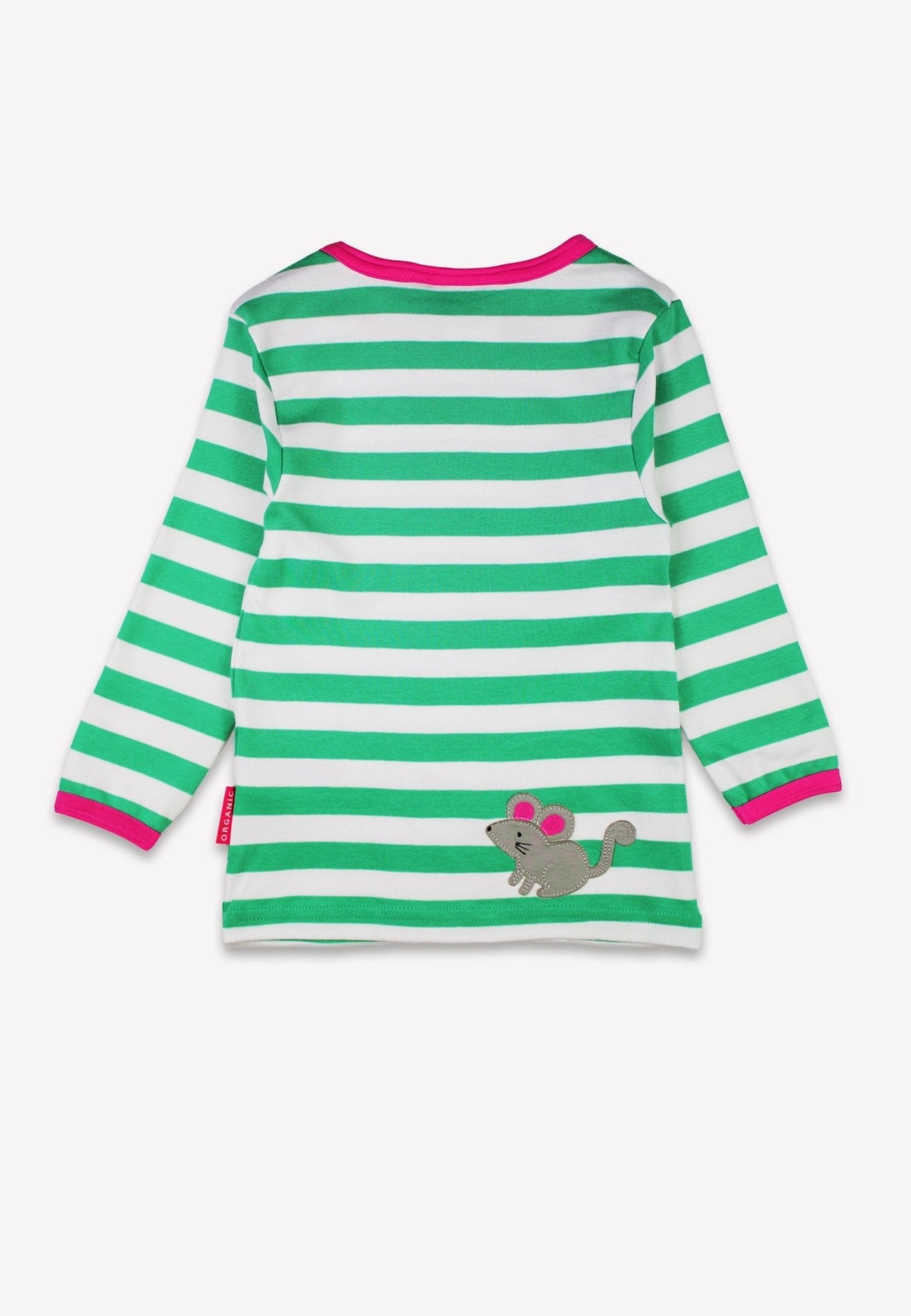 Adorable Green and White Striped Long Sleeve Kids Shirt with Cat and Mouse Applique in Organic Cotton by Toby Tiger at brixbailey.com