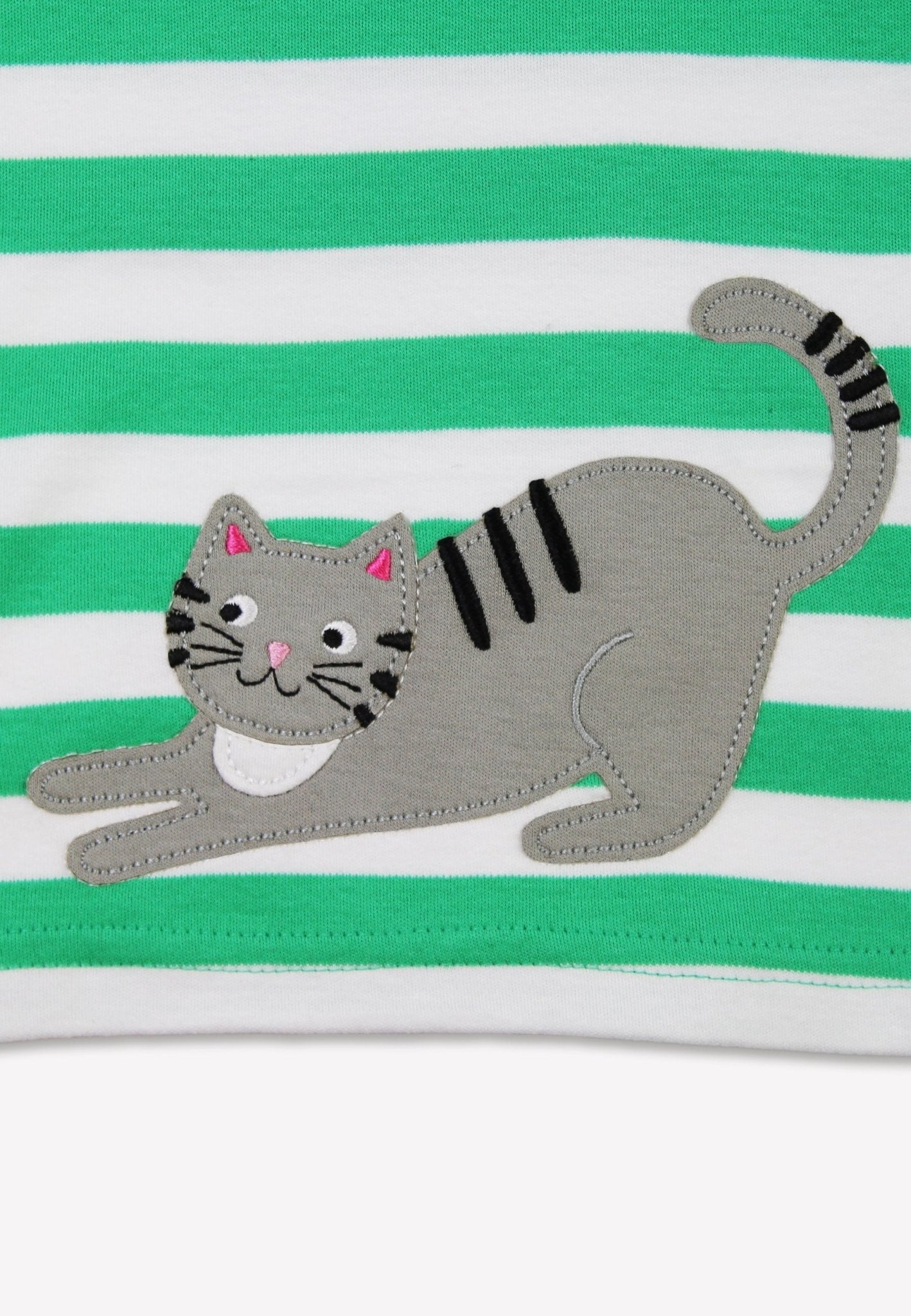 Adorable Green and White Striped Organic Cotton Long Sleeve Kids Shirt with Cat and Mouse Applique by Toby Tiger at brixbailey.com
