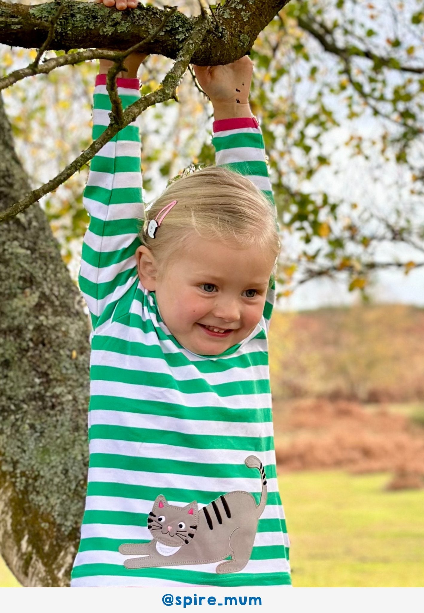 Adorable Green and White Striped Organic Cotton Long Sleeve Kids Shirt with Cat and Mouse Applique by Toby Tiger at brixbailey.com