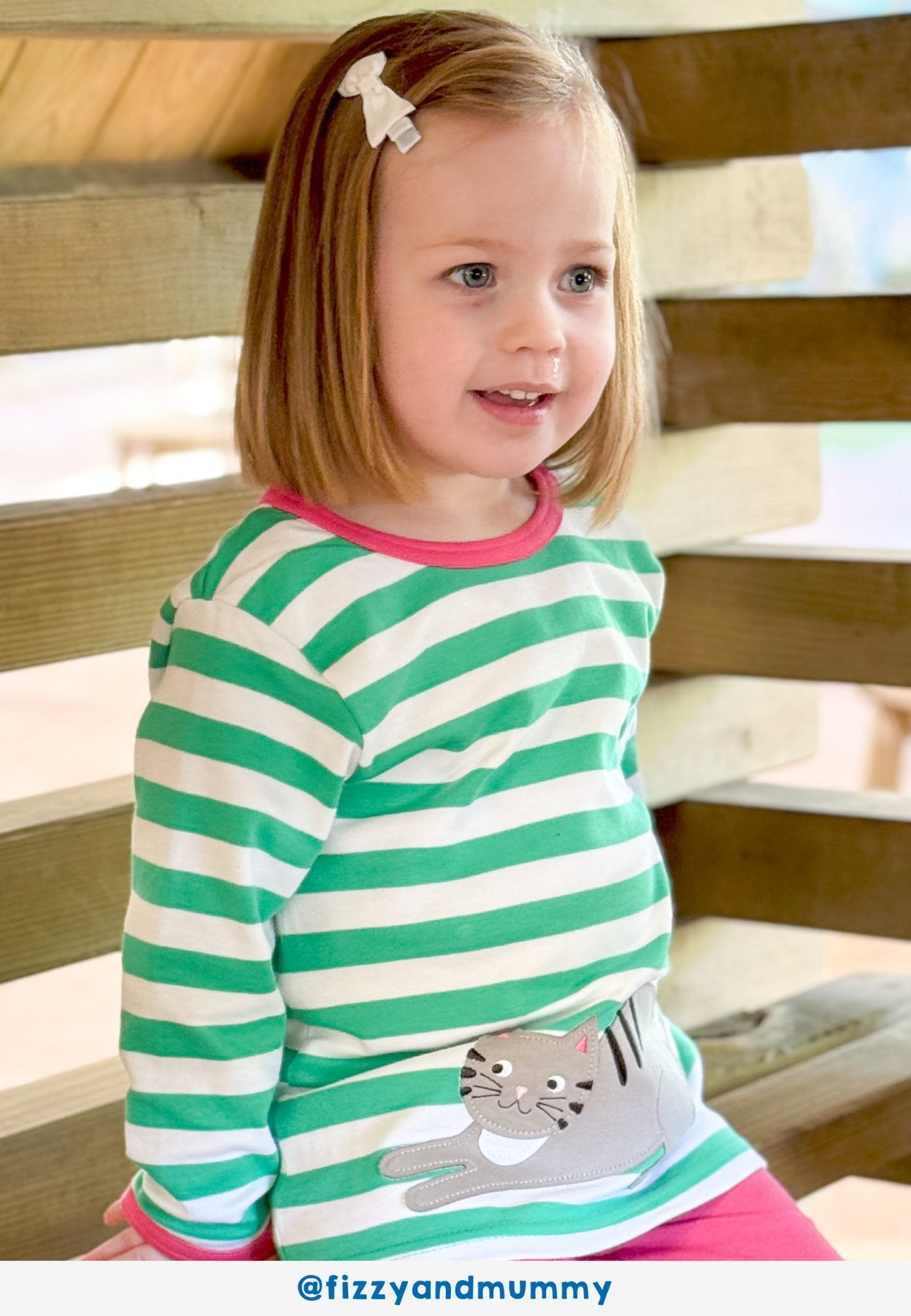Adorable Green and White Striped Long Sleeve Kids Shirt with Cat and Mouse Embroidered Applique, Organic Cotton, GOTS Certified by Toby Tiger at brixbailey.com