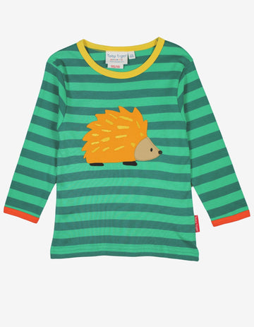 Premium green striped long sleeve kids shirt with yellow orange trim and hedgehog applique, organic cotton, stylish and comfortable by Toby Tiger at brixbailey.com