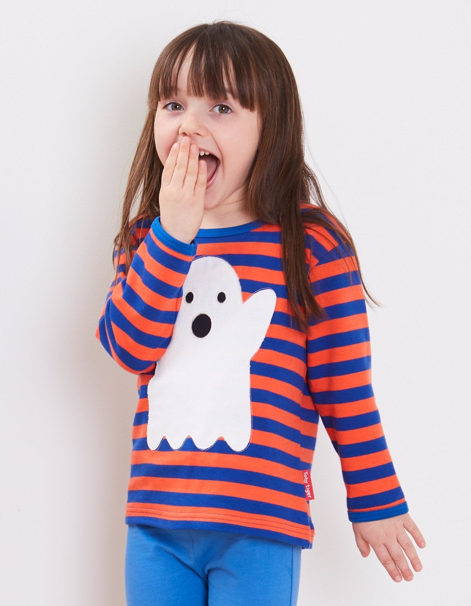Premium Halloween Baby Long Sleeve Shirt, Blue Orange Striped Ghost Applique, GOTS Certified Organic Cotton, Snap Button Closure by Toby Tiger at brixbailey.com