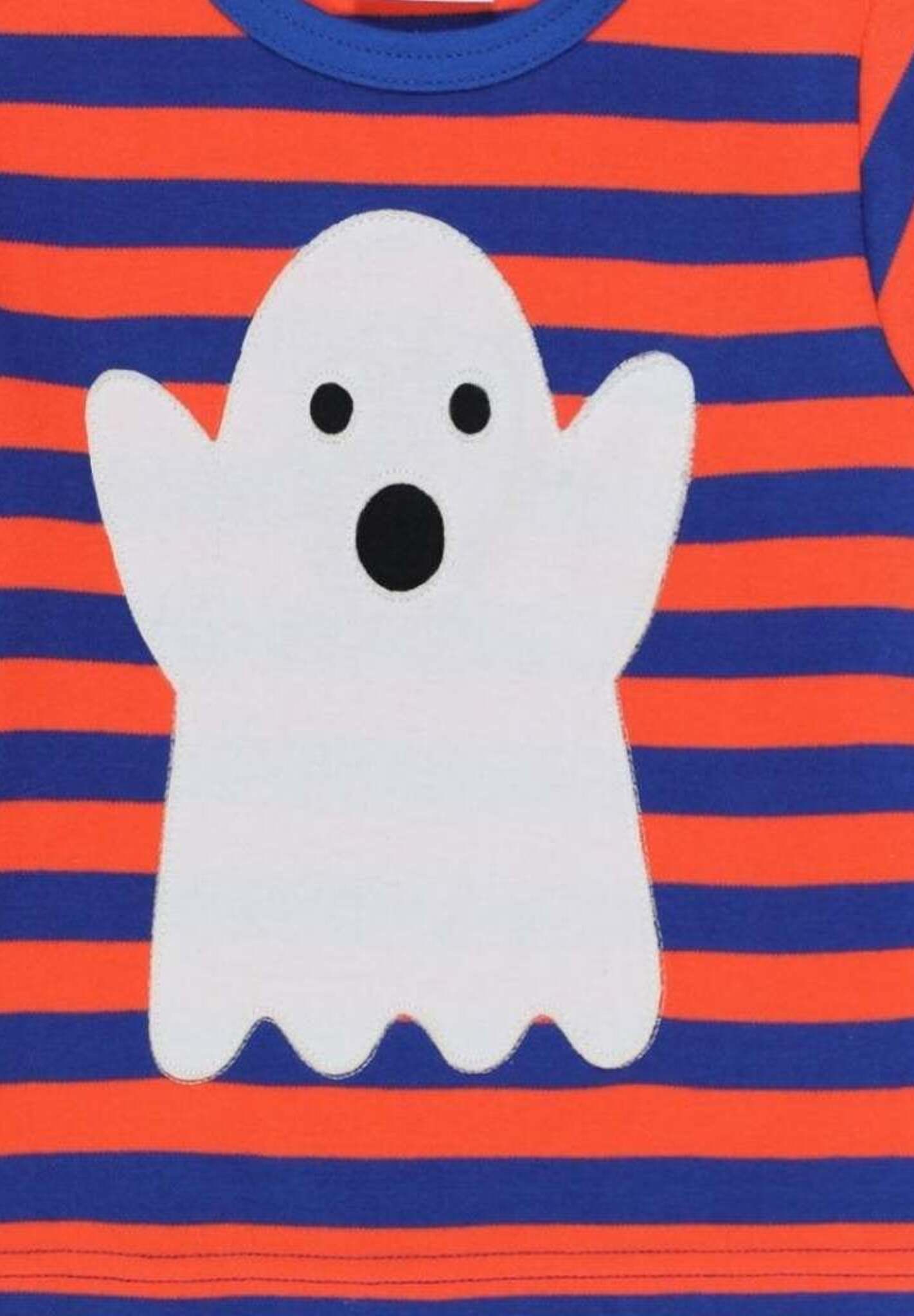 Premium Halloween Baby Long Sleeve Shirt, Blue Orange Striped Ghost Design, Organic Cotton, GOTS Certified, Snap Button Closure by Toby Tiger at brixbailey.com