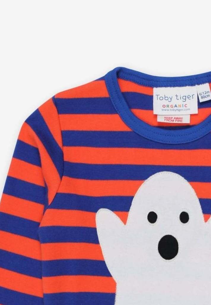 Premium Halloween Baby Long Sleeve Shirt, Blue Orange Striped Ghost Applique, GOTS Certified Organic Cotton, Snap Button Closure by Toby Tiger at brixbailey.com