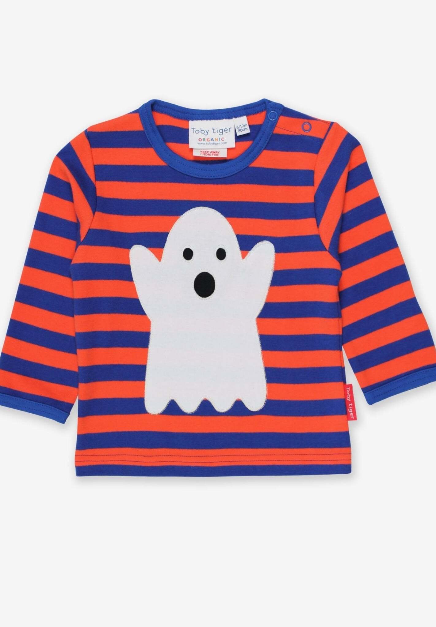 Premium Halloween Baby Long Sleeve Shirt, Blue Orange Striped Organic Cotton with Ghost Applique, GOTS Certified, Sustainable Toddler Clothing by Toby Tiger at brixbailey.com
