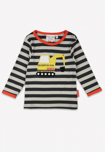 Premium organic cotton kids long sleeve shirt, gray with excavator applique and interactive flap by Toby Tiger at brixbailey.com