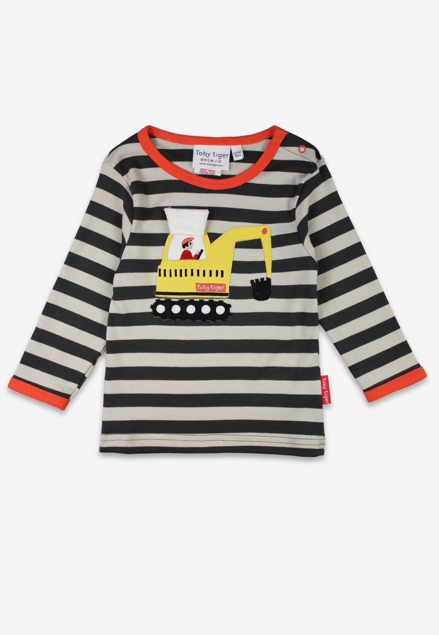 Premium organic cotton kids long sleeve shirt, gray with excavator applique and interactive flap by Toby Tiger at brixbailey.com