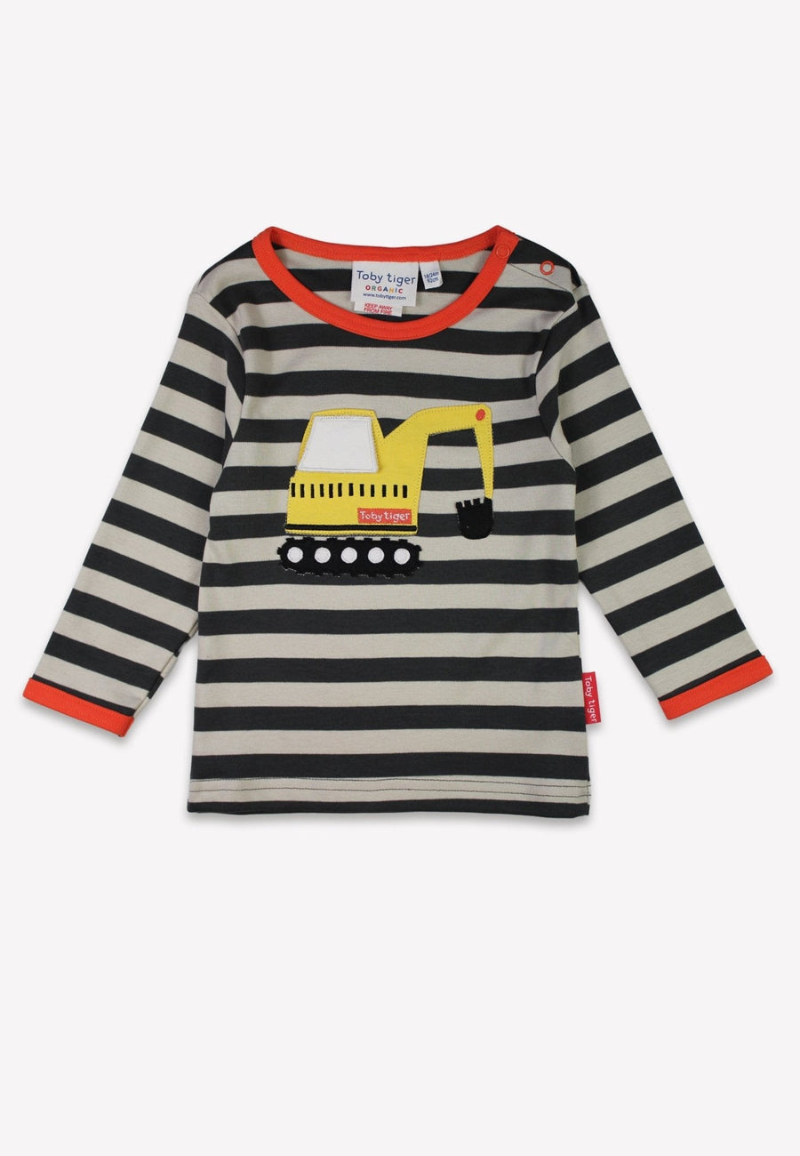Premium organic cotton kids long sleeve shirt, gray with interactive excavator applique and orange cuffs by Toby Tiger at brixbailey.com