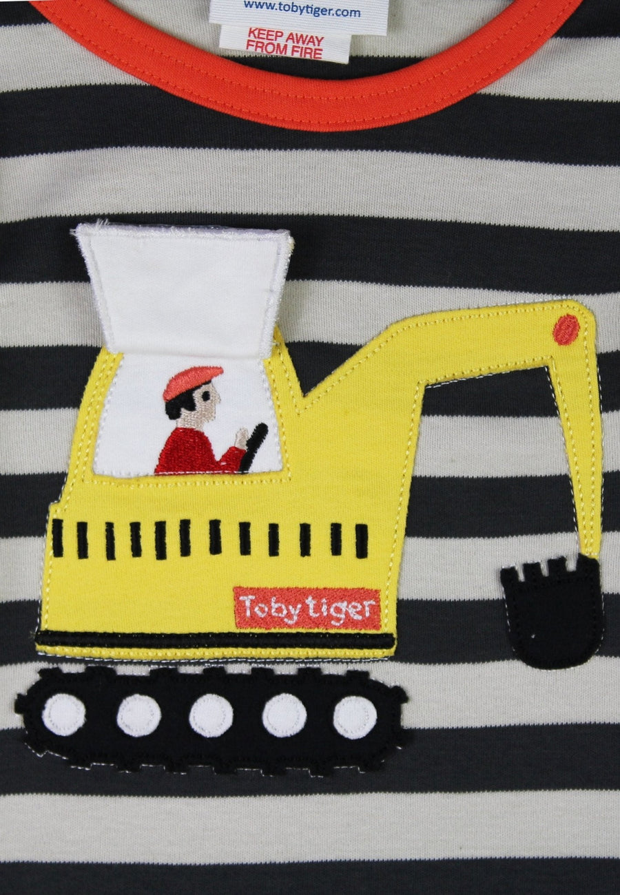 Premium kids organic cotton long sleeve shirt, gray with excavator applique and interactive flap by Toby Tiger at brixbailey.com