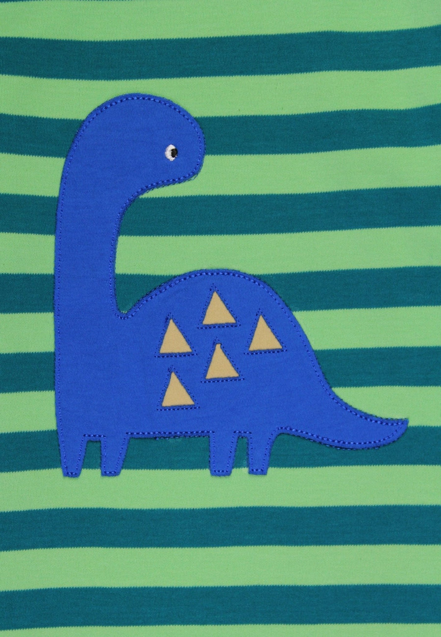 Premium Green Striped Long Sleeve Kids Dinosaur Shirt with Blue Dino Applique, Soft Organic Cotton, GOTS Certified by Toby Tiger at brixbailey.com