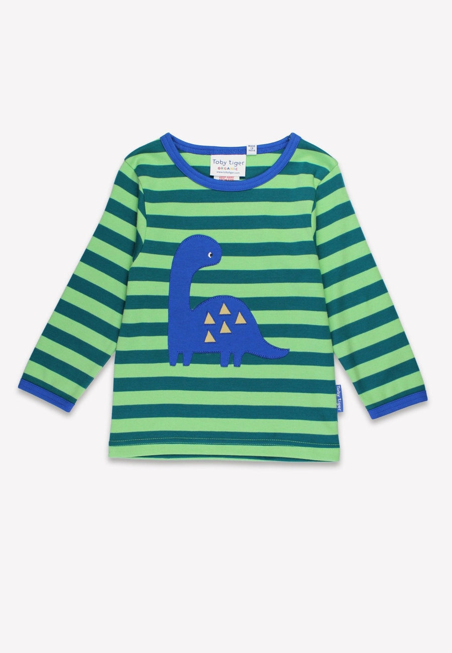 Premium Green Striped Long Sleeve Kids Dinosaur Shirt with Blue Dino Applique, Soft Organic Cotton, GOTS Certified by Toby Tiger at brixbailey.com