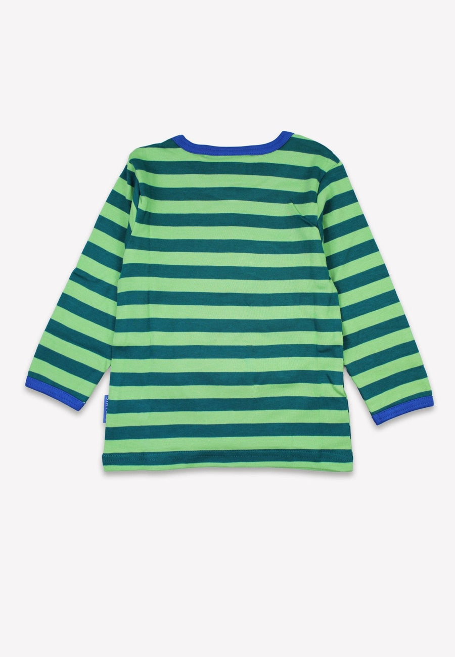 Premium Green Striped Long Sleeve Kids Dinosaur Shirt with Embroidered Blue Dino Applique, Soft Organic Cotton, Eco-Friendly by Toby Tiger at brixbailey.com
