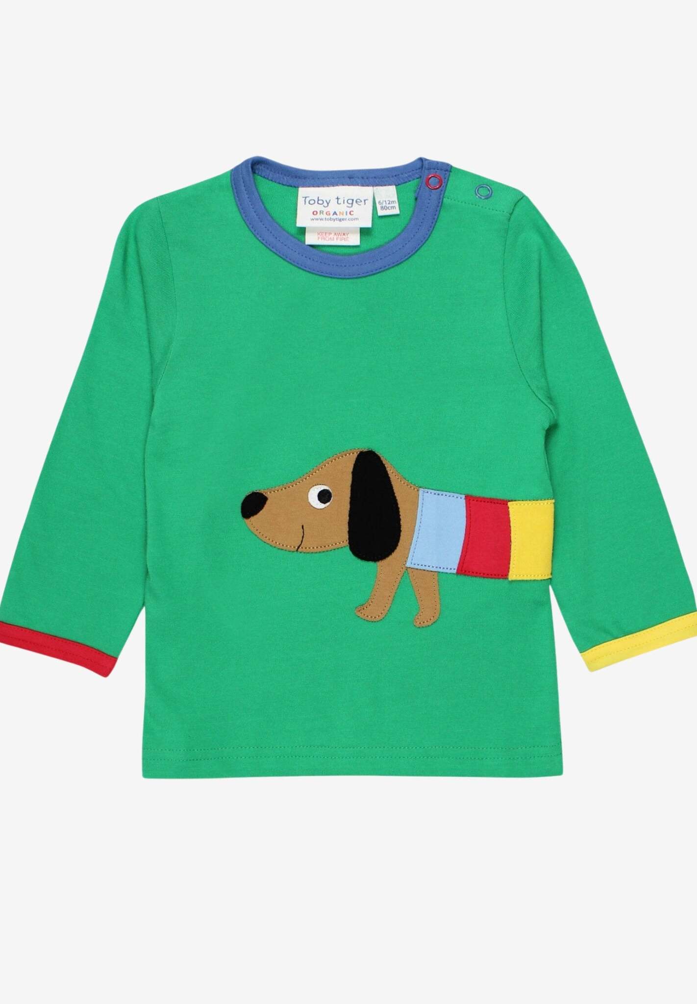 Premium organic cotton long sleeve green t-shirt with rainbow jacket dachshund applique, GOTS certified, soft and stylish for babies by Toby Tiger at brixbailey.com