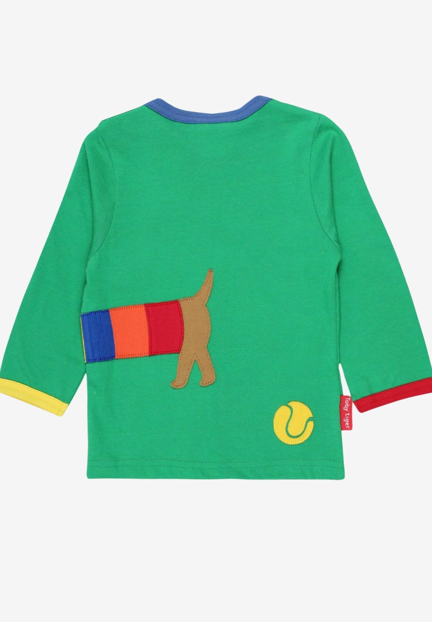 Premium organic green long sleeve t-shirt with dachshund applique, rainbow jacket, GOTS certified cotton, stylish contrast trim, soft baby clothing by Toby Tiger at brixbailey.com
