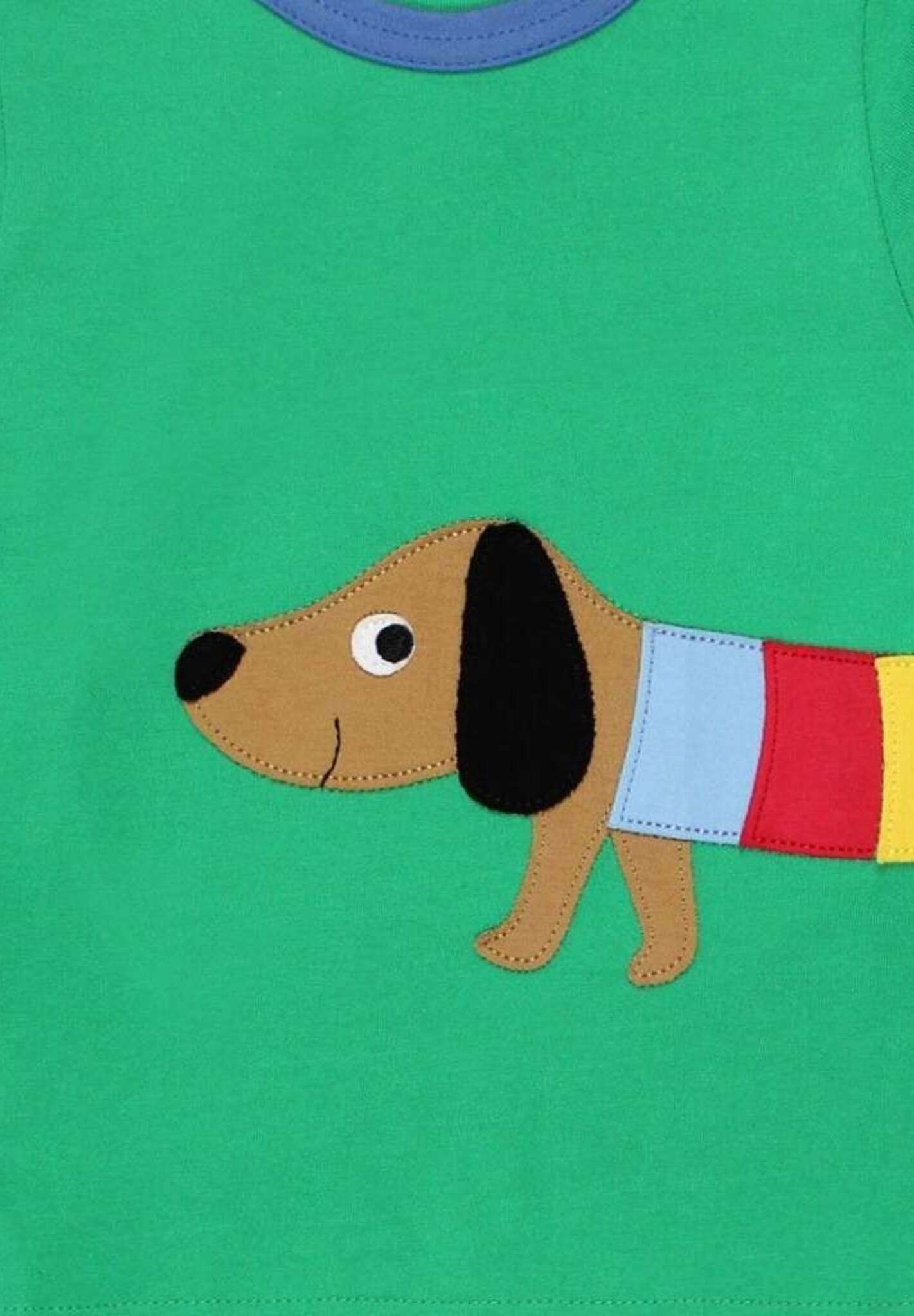 Premium organic green long sleeve t-shirt with stylish dachshund applique, GOTS certified cotton, rainbow jacket design, soft and comfortable for babies by Toby Tiger at brixbailey.com