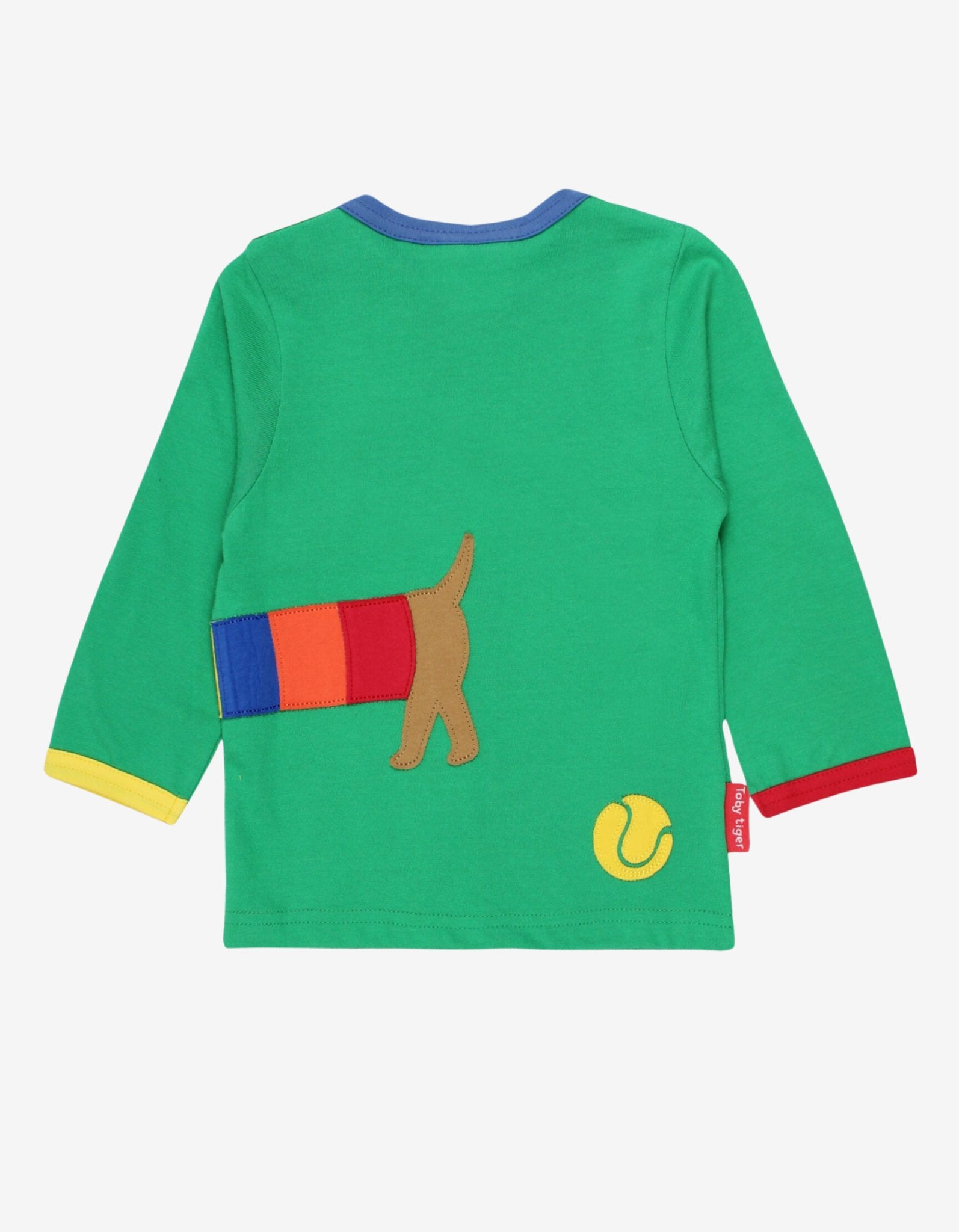 Premium organic green long sleeve tee with dachshund applique, rainbow jacket design, GOTS certified cotton, soft and stylish for babies by Toby Tiger at brixbailey.com
