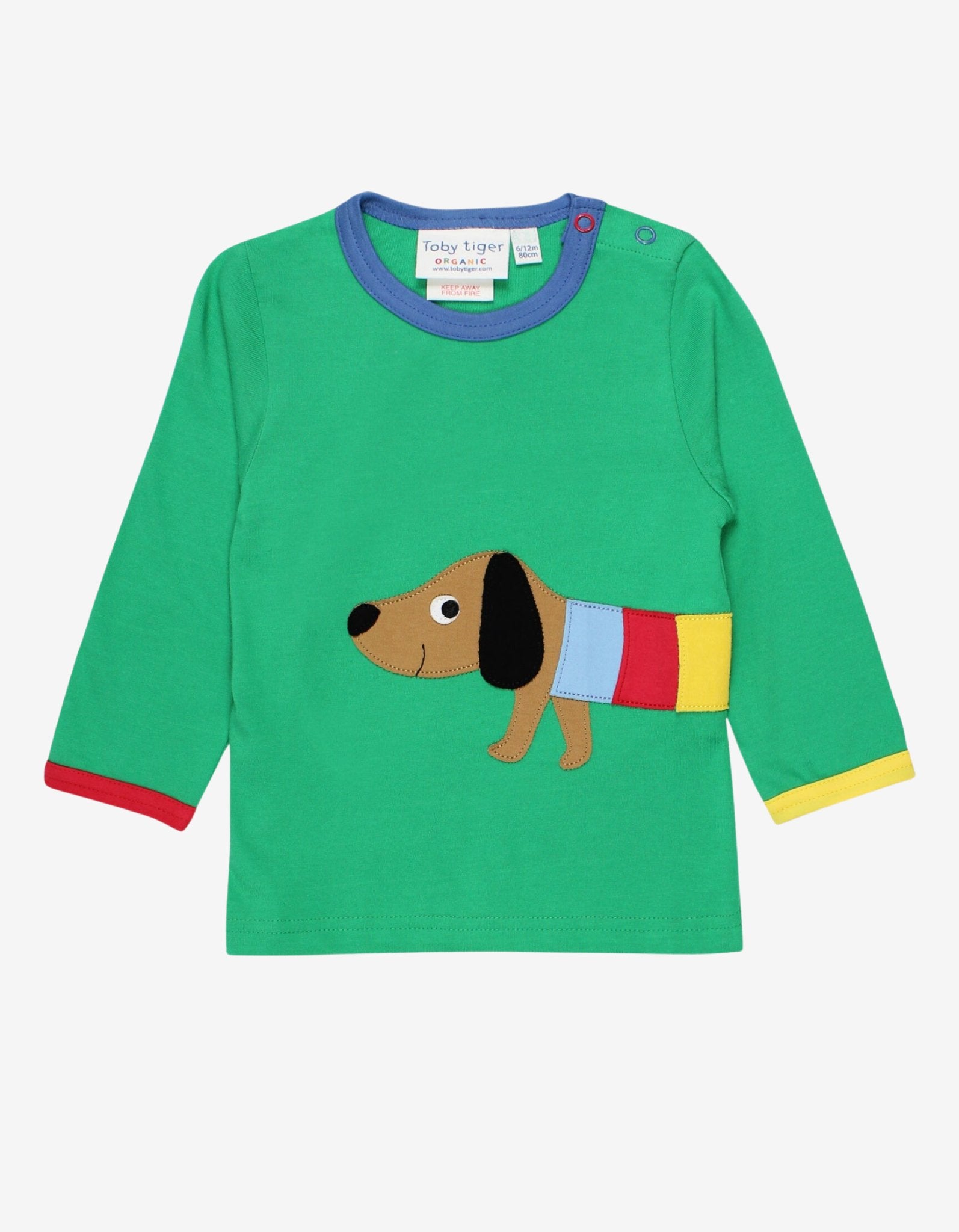 Premium organic green long sleeve shirt with dachshund applique, GOTS certified cotton, rainbow jacket style, soft and comfortable for babies by Toby Tiger at brixbailey.com