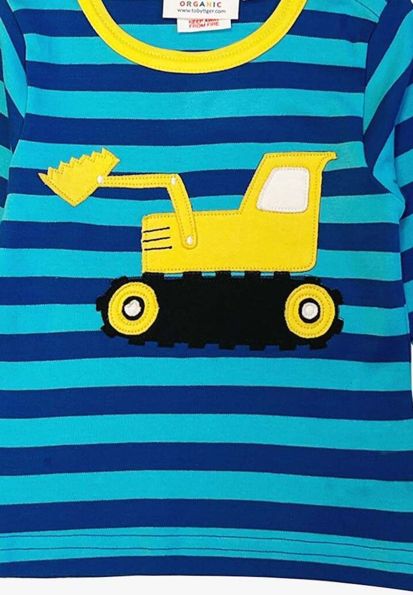 Organic striped long sleeve baby shirt with soft digger applique, 100% GOTS certified cotton, snap buttons for easy dressing, sizes 6-24 months by Toby Tiger at brixbailey.com