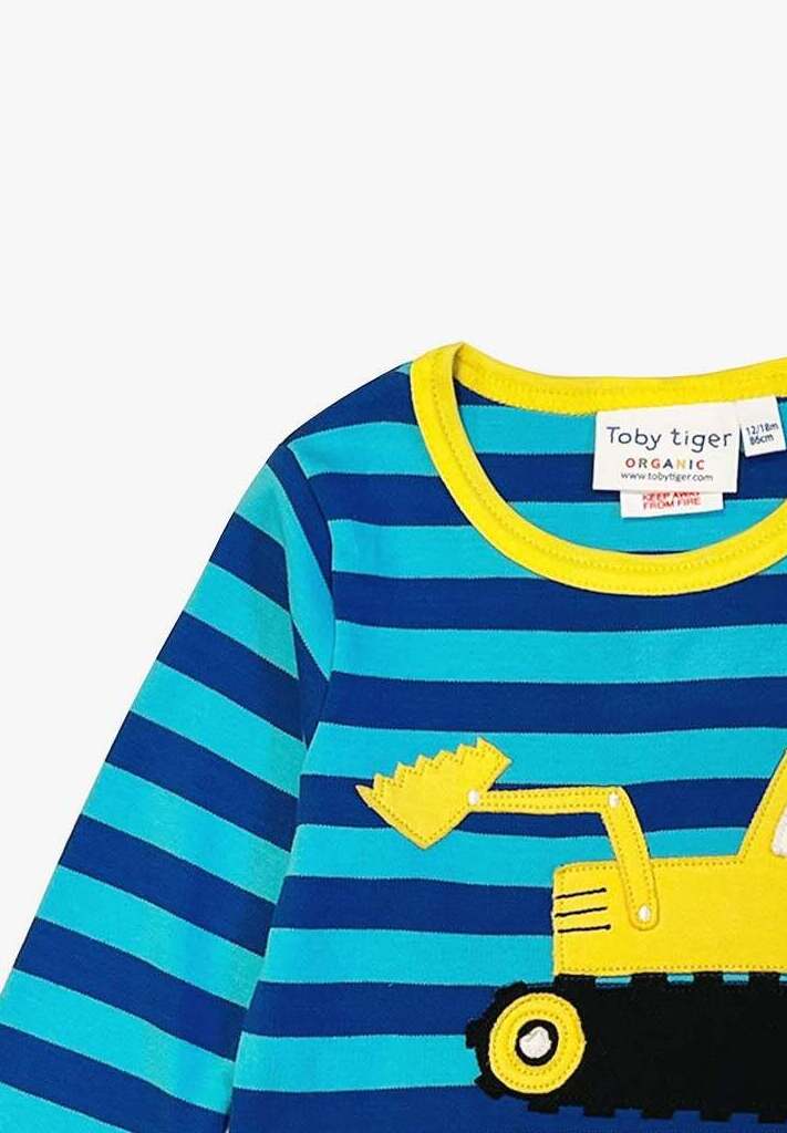 Premium organic cotton striped long sleeve baby shirt with soft digger applique, GOTS certified, snap buttons for easy dressing, sizes 6-24 months by Toby Tiger at brixbailey.com