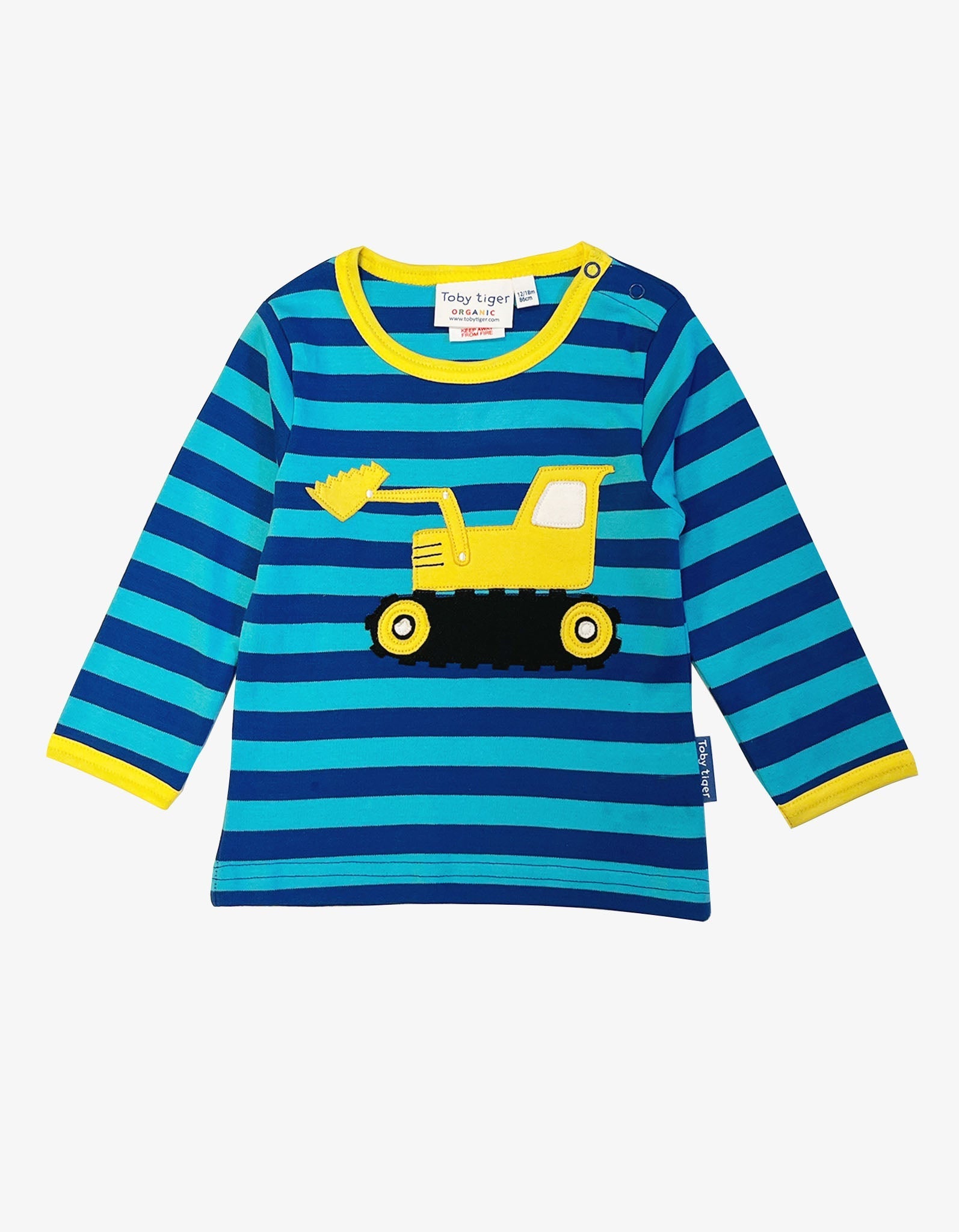 Premium organic cotton striped long sleeve baby shirt with soft digger applique, GOTS certified, snap buttons for easy dressing by Toby Tiger at brixbailey.com