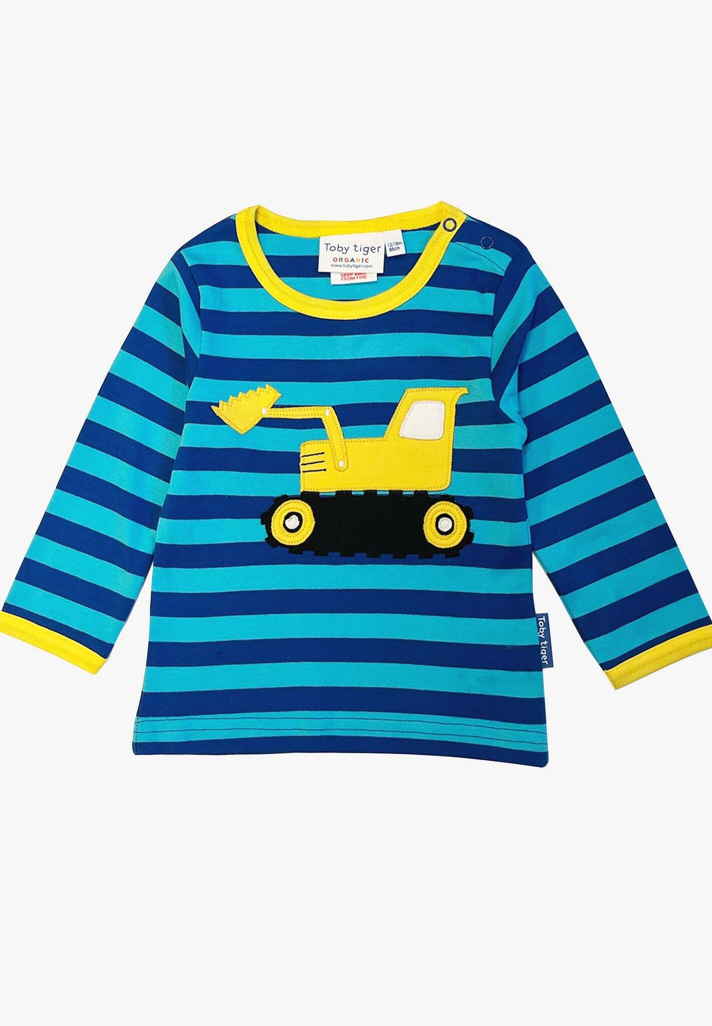 Premium organic striped long-sleeve baby shirt with soft digger applique, GOTS-certified cotton, snap buttons for easy dressing by Toby Tiger at brixbailey.com