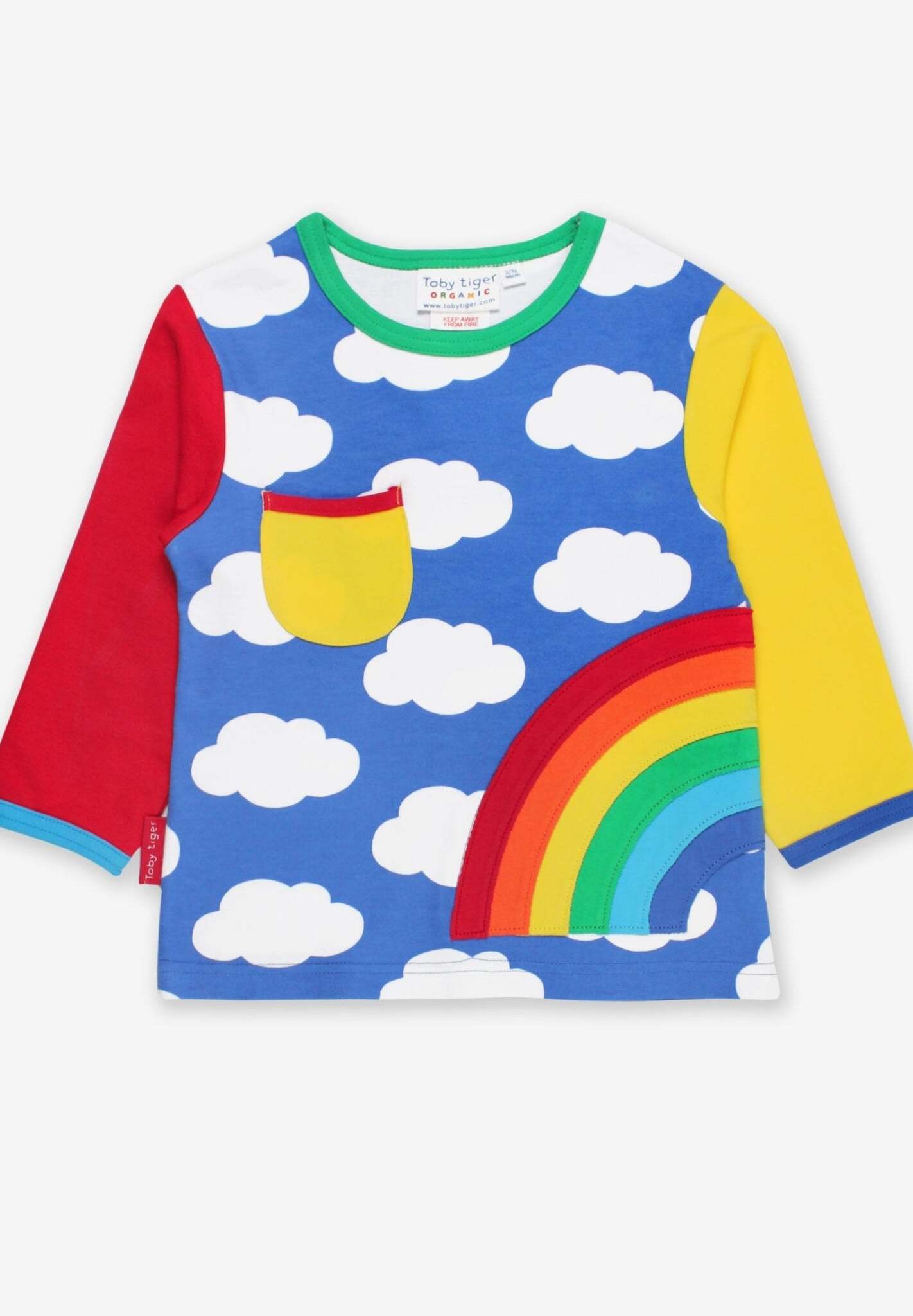 Colorful Long Sleeve Organic Cotton Shirt with Rainbow Cloud Print, GOTS Certified, Eco-Friendly Dye, Toby Tiger Design by Toby Tiger at brixbailey.com