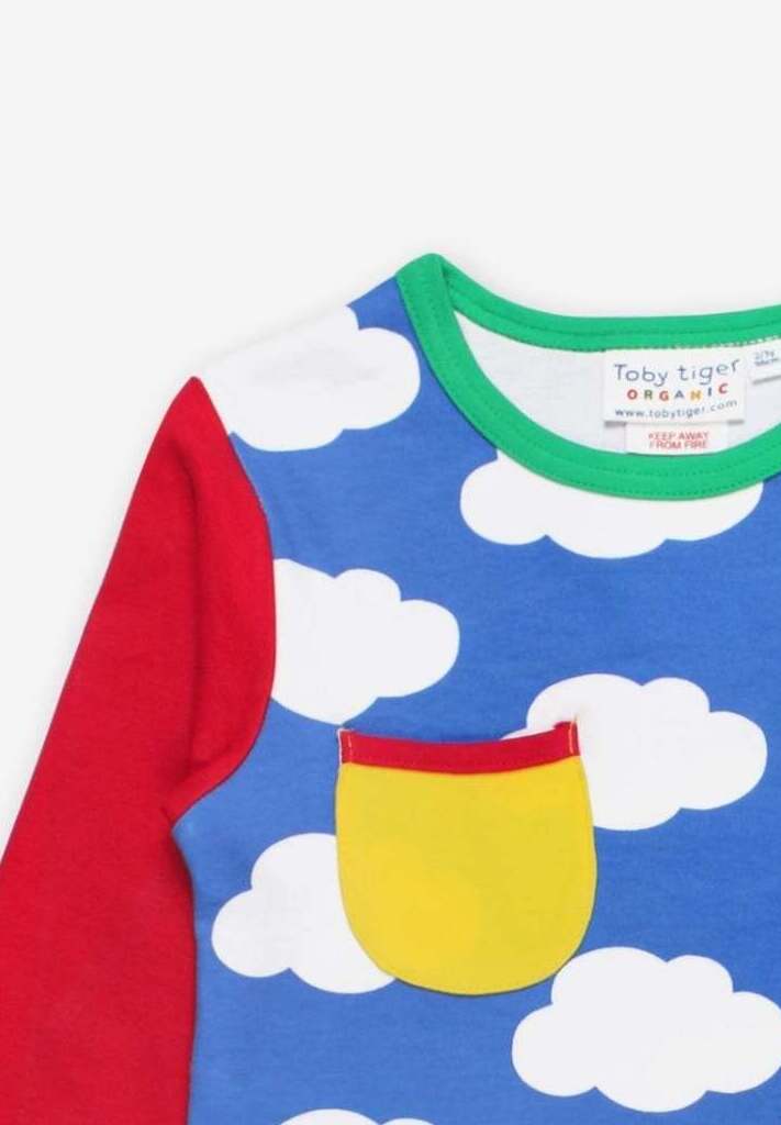 Colorful Long Sleeve Organic Cotton Shirt with Rainbow Cloud Print, Soft GOTS-Certified Eco-Friendly Fabric, Toby Tiger Design by Toby Tiger at brixbailey.com