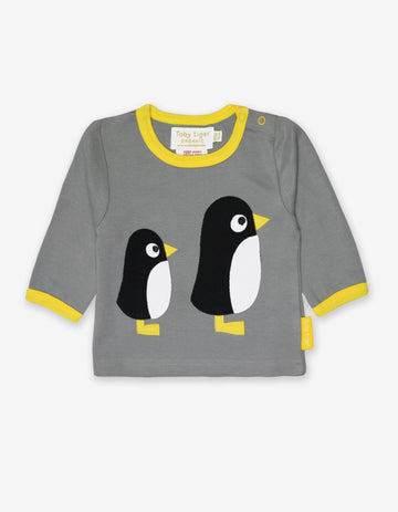 Premium organic cotton long sleeve shirt with penguin applique, stylish and comfortable for toddlers by Toby Tiger at brixbailey.com