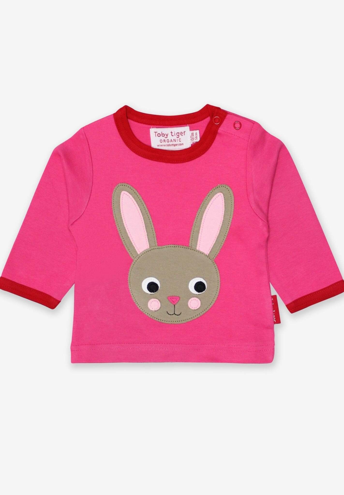 Premium Pink Organic Cotton Long Sleeve Baby Shirt with Bunny Applique and Surprise Back Detail by Toby Tiger at brixbailey.com