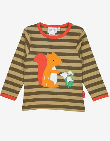 Premium Soft Brown Striped Long Sleeve Baby Shirt with Hedgehog Applique and Orange Trim, Organic Cotton, Easy Snap Neck by Toby Tiger at brixbailey.com