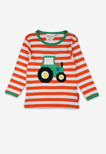 Premium organic cotton kids long sleeve shirt with interactive tractor applique, stylish orange and white stripes, GOTS certified by Toby Tiger at brixbailey.com