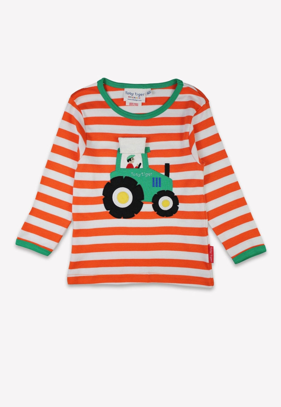 Premium organic cotton kids long sleeve shirt, stylish orange tractor applique, playful interactive design, GOTS certified by Toby Tiger at brixbailey.com